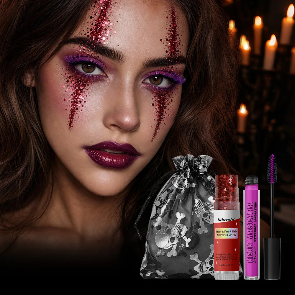 Halloween Eye Makeup Kit Purple Mascara Body Face Hair Glitter Stick with Drawstring Pouch Cosmetic Set Party Costume Festival
