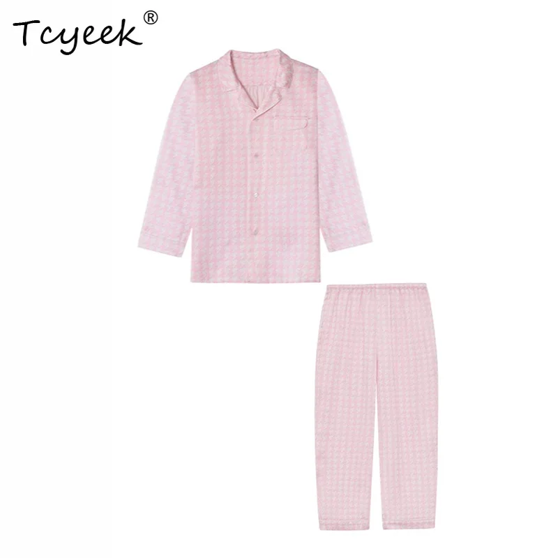 

Tcyeek, детские пижамные комплекты из 100% натурального шелка 19 мм, с длинными рукавами «гусиные лапки», мягкая одежда для отдыха, новинка 2024, лето-осень S479123QC