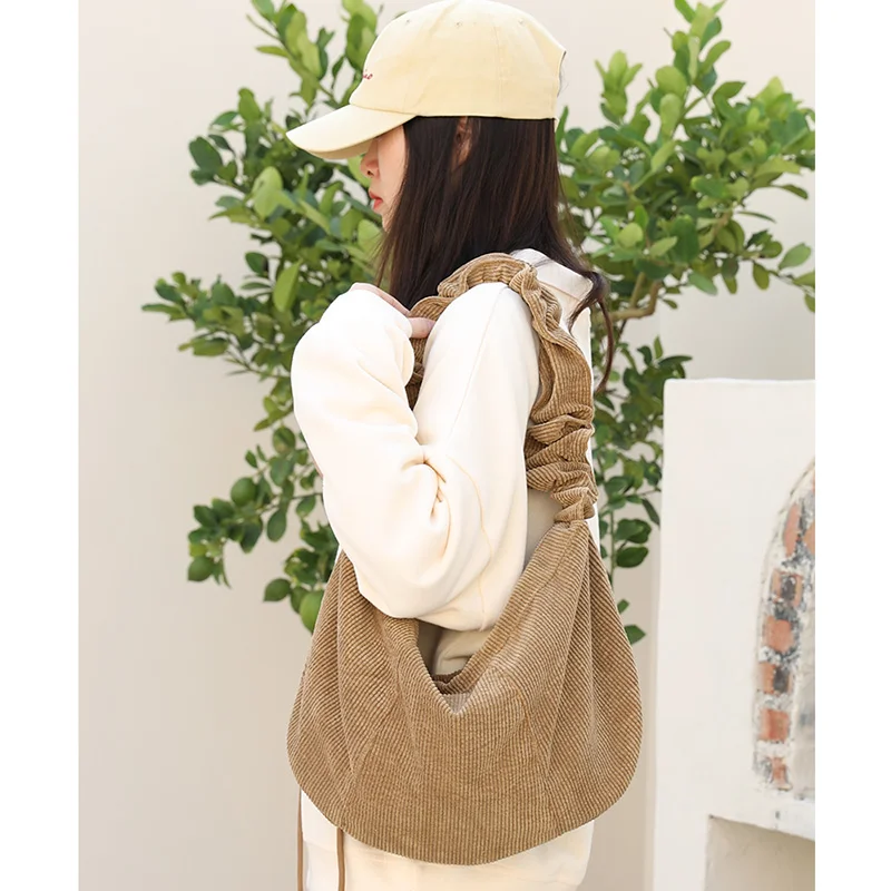 MABULA Soft Corduroy Hobos Bag Stylish Lady Handbag Pleated Drawstring Strap Design Retro Solid Color Shoulder Purse For Phone