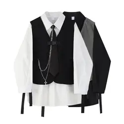 Spring Autumn Unisex Suit Men and Women Korean Style Loose Lapel Long Sleeve Shirt Functional Style Workwear Vest Two-piece Set