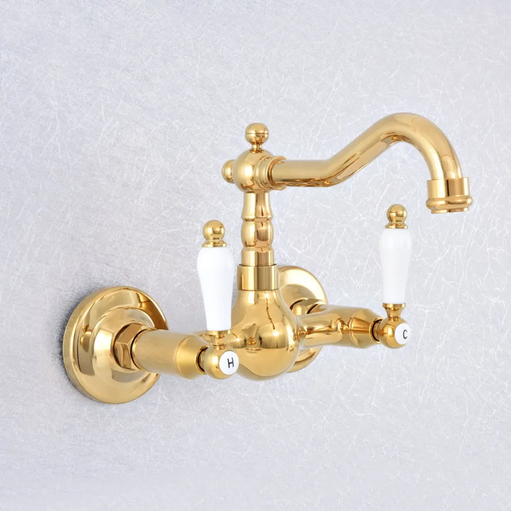 

Gold Color Brass 360 Swivel Spout Bathroom Basin Faucet Dual Handle Dual Hole Kitchen Sink Cold Hot Water Mixer Tap Dsf615