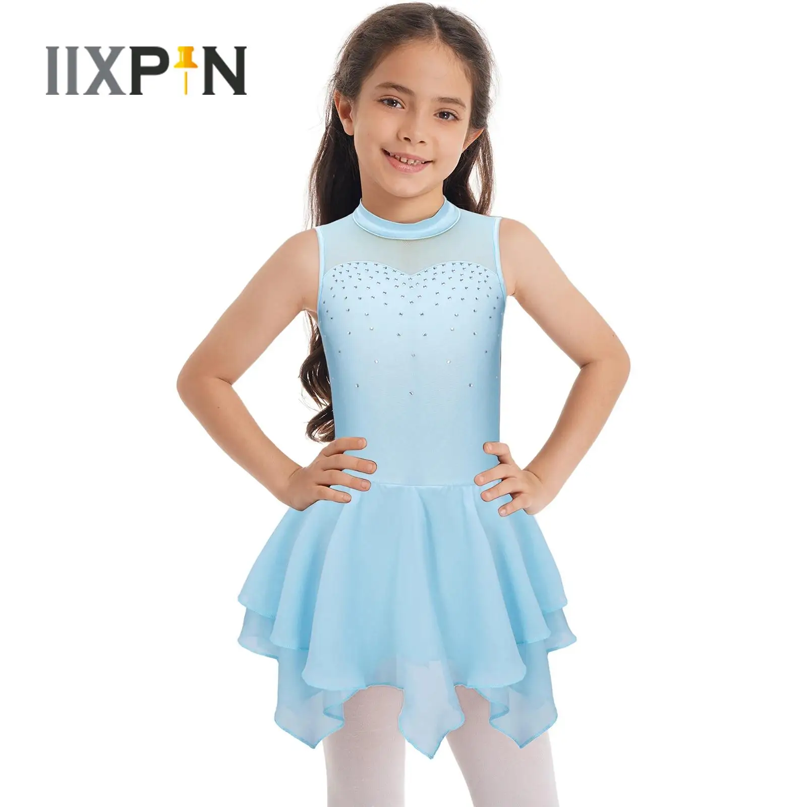 

Kids Girls Ballet Dance Dress Gymnastics Leotards Sleeveless Shiny Rhinestone Mesh Tutu Dancewear Ballerina Stage Show Dress New