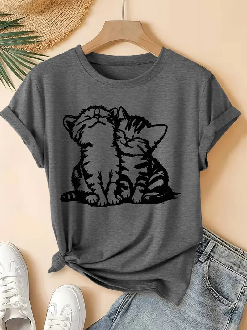 Cute Sleeping Kittens Print T Shirt For Women Black Line Art Cat Pattern Short Sleeve Casual Fashion Tees