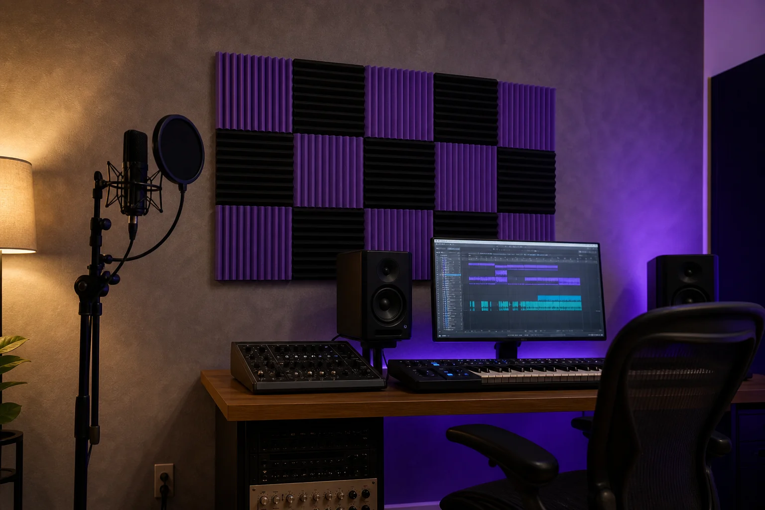 52Pcs Black Purple Sound Absorbing Acoustic Foam Panels Equipped Double Sided Adhesive Tape Sound Insulation Sponge for Recording Studio E-sports Gaming Room Broadcast Hall