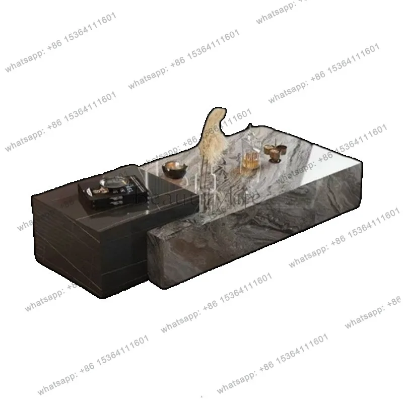 Full body glossy rock slab embedded combination design coffee table double drawers