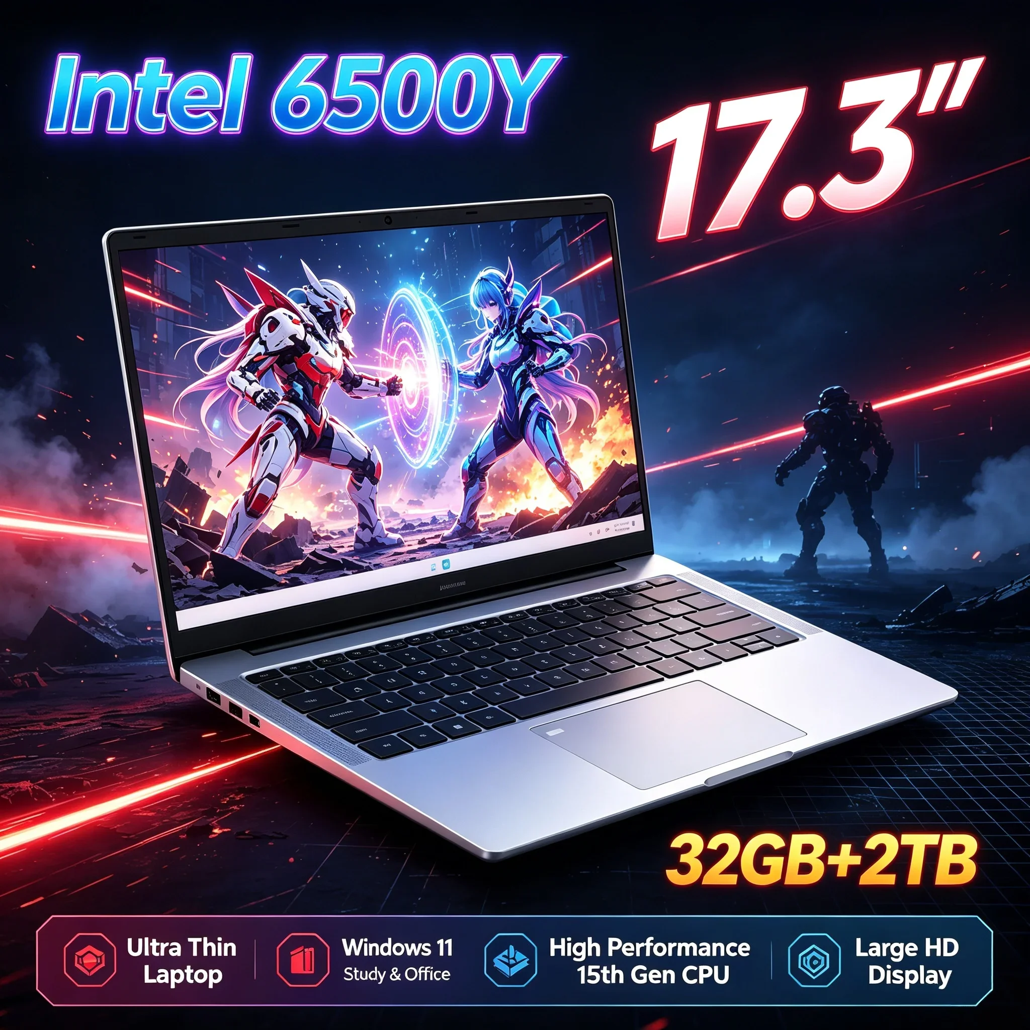 17.3'' Large HD Display Portable Laptop Intel 6500Y 32GB RAM 1TB 2TB SSD Windows11 WiFi6 BT5.2 Notebook For Household Daily Work