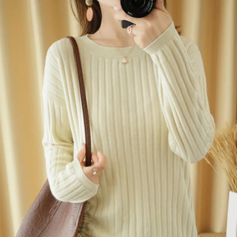 Winter Women's Knitted 100% All Cotton Pullover Fashion Sweater O-Neck Long Sleeve Vertical stripe style Soft Warm Basics Tops