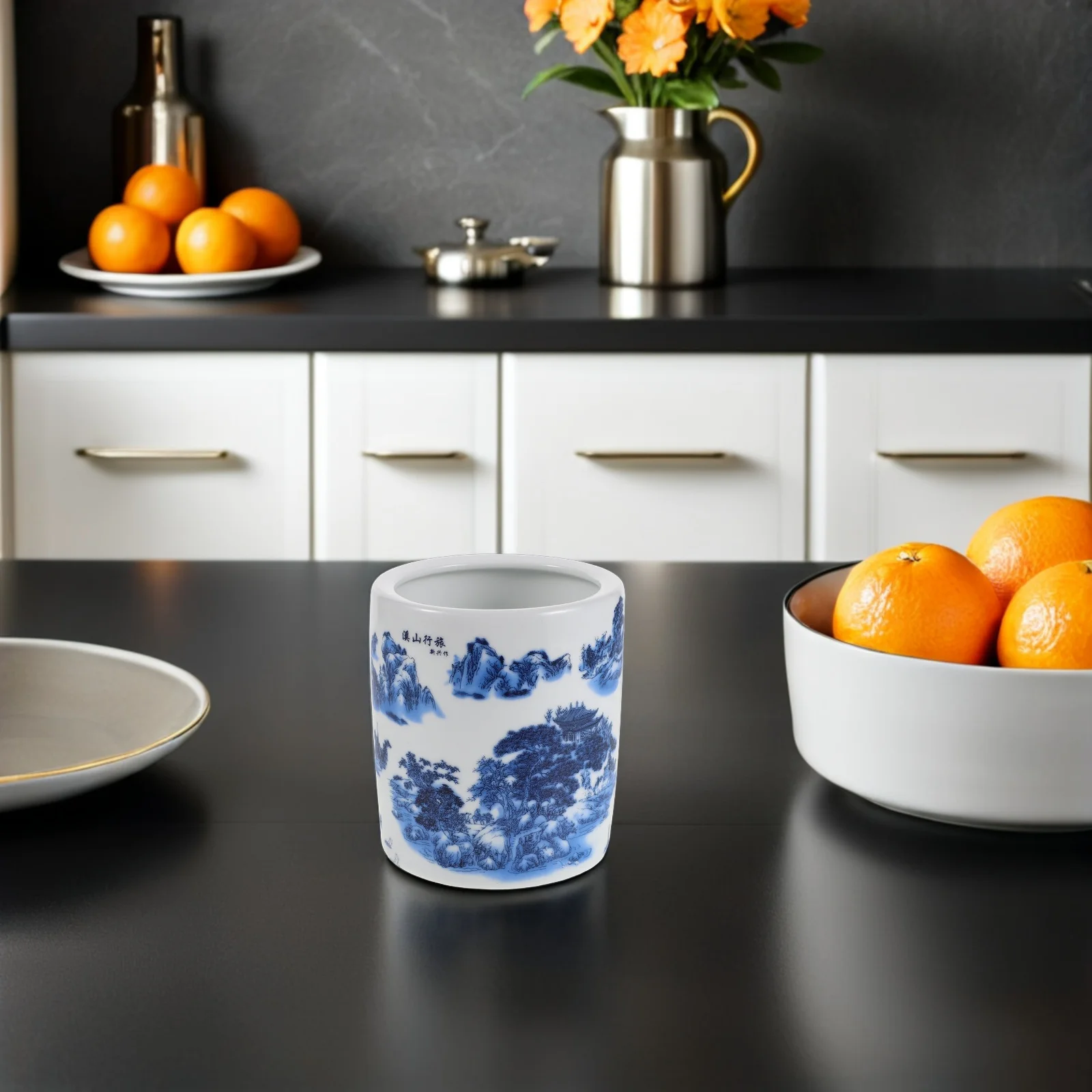 

Ceramic Kitchen Utensil Holder Blue and White Chinoiserie Vase Chopstick Spoon Organizer for Countertop Cooking Tools Storage