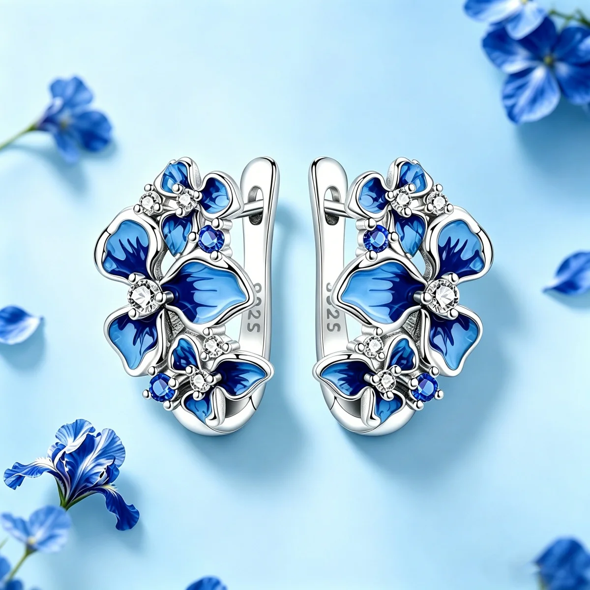 Ohrringe aus S925-Sterlingsilber, eleganter blauer Iris-Ohrring für Frauen, Geburtstagsgeschenk, edler Schmuck, Valentinstag, Muttertagsgeschenk