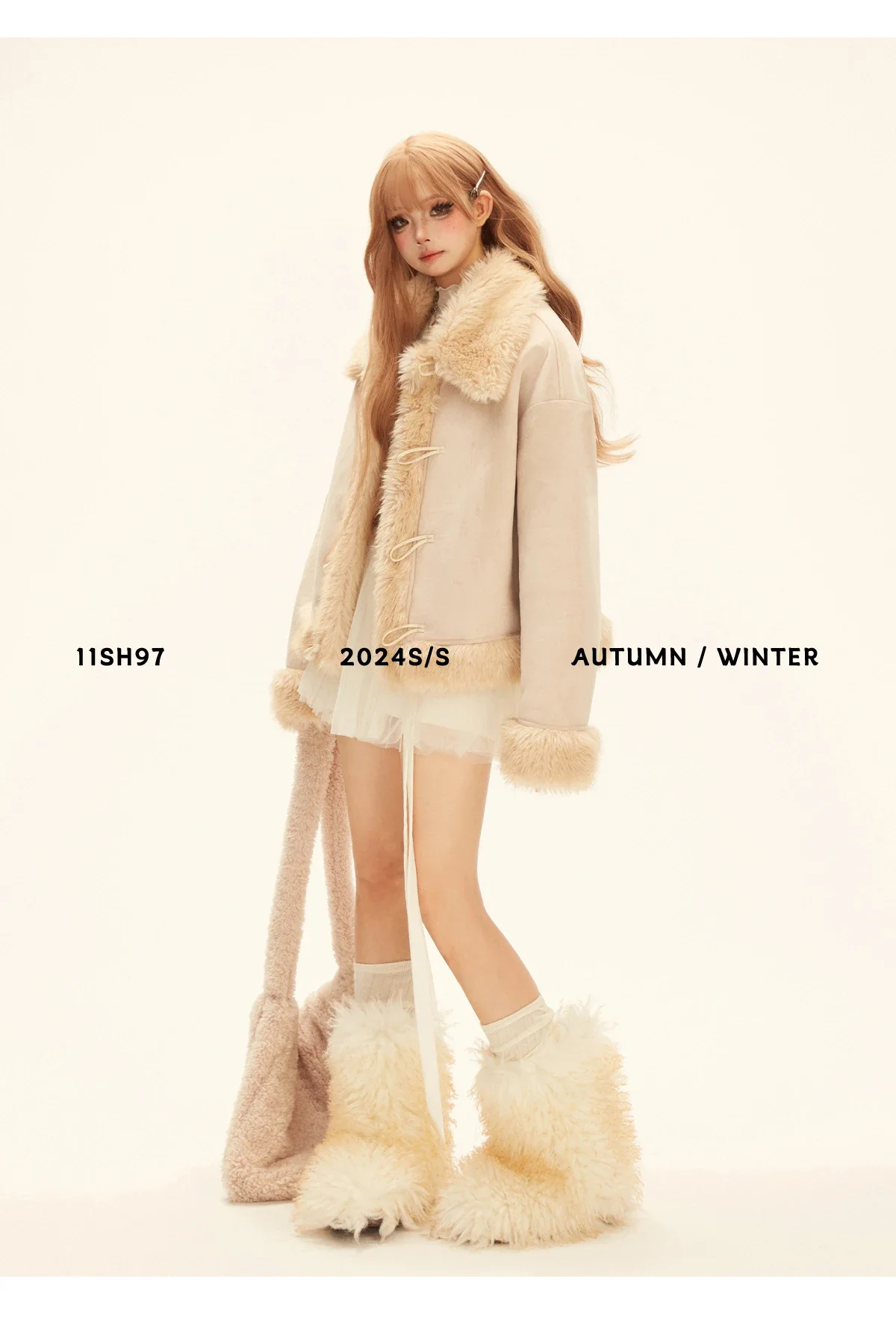 ญี่ปุ่นElegant CommuterแขนยาวPlush Suede Splicing Hornหัวเข็มขัดหนาWarm Faux Fur Coatsแจ็คเก็ตผู้หญิงฤดูหนาว