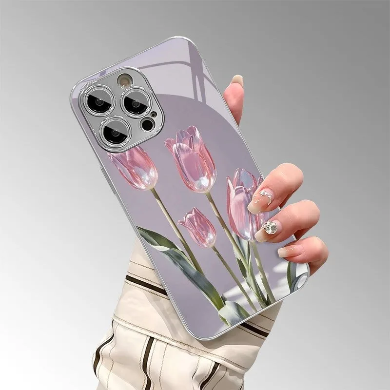 Pink Glass Tulip Pattern Glass Electroplated Phone Case For iPhone 17 16 15 14 13 12 11 Pro Max Plus 16E 17 Air Protective Cover - Image 4