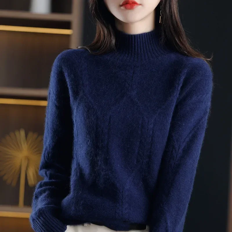 Wool Sweater Women\'s Half-Neck Pullover Loose Knit Bottoming Shirt Autumn Winter Long Sleeves Soft Cashmere Sweater Korean Tops