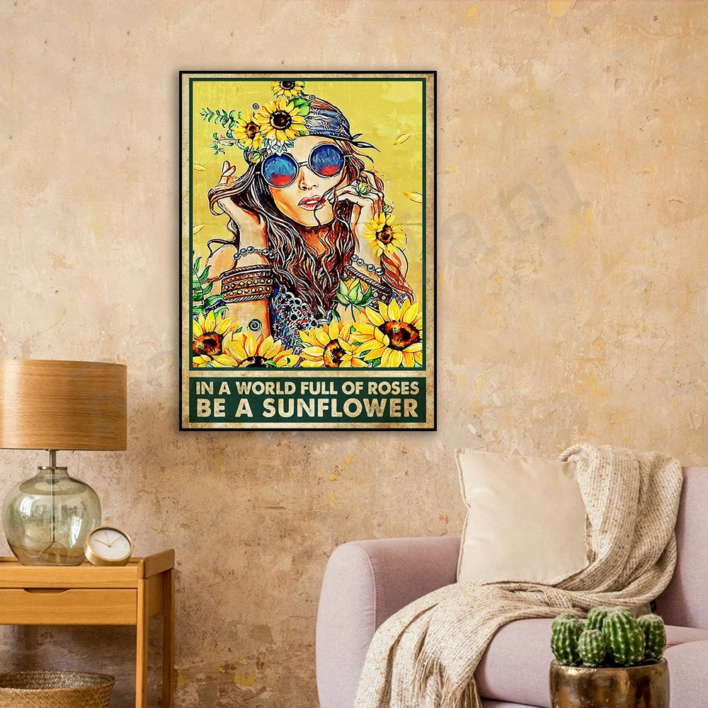 

make sunflower poster, hippie girl, peace, boho girl sunflower poster, vintage boho gift, hippie print gift