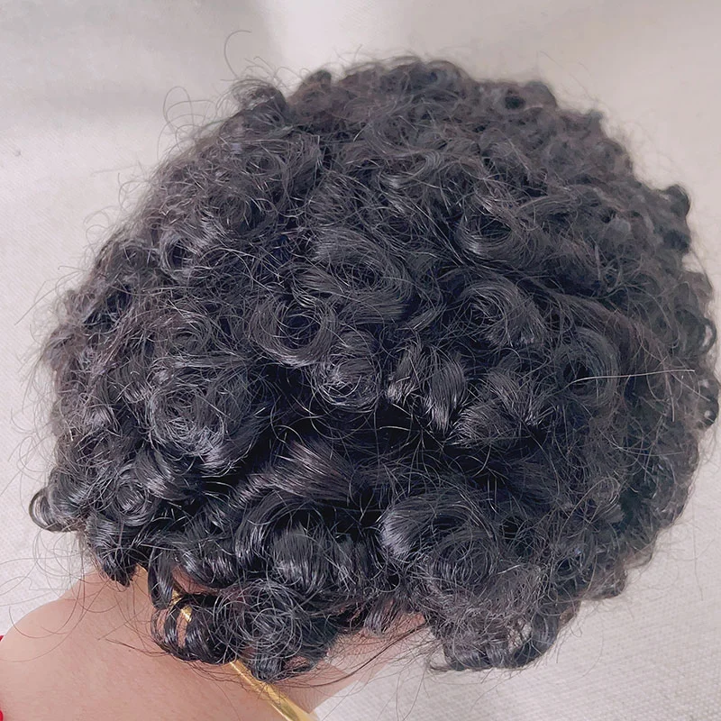 قطعة بديلة لشعر بشري هندي عذراء عالي الجودة غير معالج، قاعدة دانتيل كاملة مصنوعة يدويًا، شعر مستعار مجعد للرجال #4