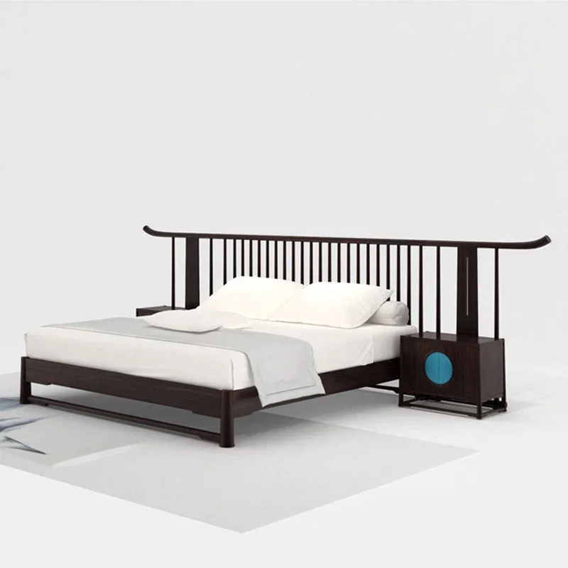 

New Chinese bed simple modern master bedroom 1.8 meters solid wood double bed zen wedding bed