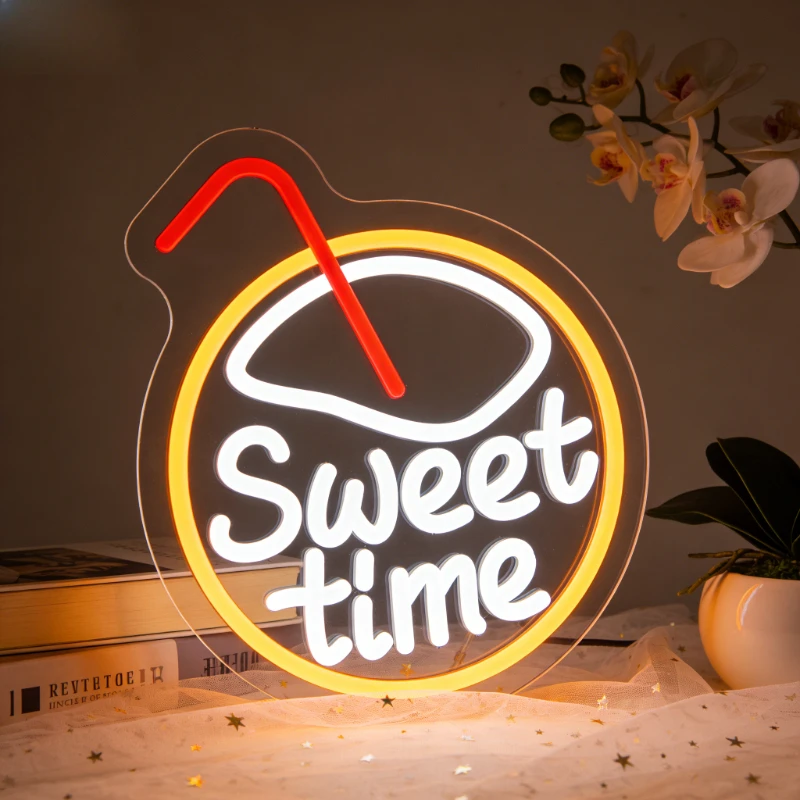 

Sweet Time Drink Cup LED Neon Sign for Wall Decor USB Dimmable Neon Light for Kitchen Cafe Bar Dessert Shop Room Decor Lighting
