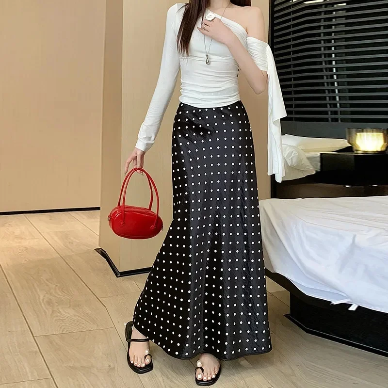 

Vintage Polka Dot Satin Mermaid Skirts for Women 2026 New Spring Summer High Waist Casual Mid Length Women's Skirts