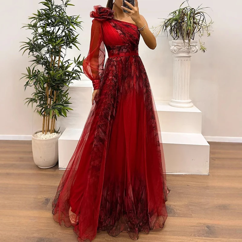 New One Shoulder Sleeve Pleats Bridesmaid Dress Vintage Pattern Printed High Waist Long Dress Sexy Asymmetric Mesh Evening Dress