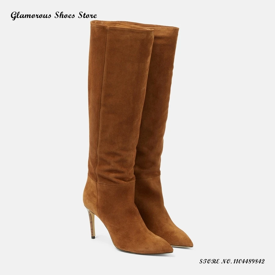 

Brown Suede Knee-high Boots Women's Pointed Toe Crocodile Embossed Thin Heels Shoes Office Laides Pleated Pull On Modern Boots