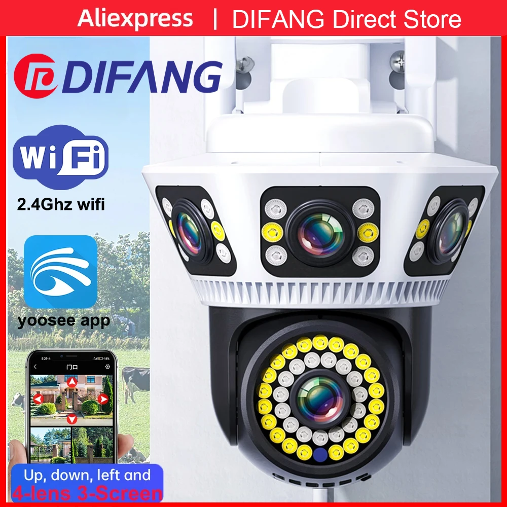 

DIFANG Outdoor WiFi Camera 6K Surveillance Four-lens Three-screen AI Human Body Detection Bidirectional Voice 12MP Camera CCTV