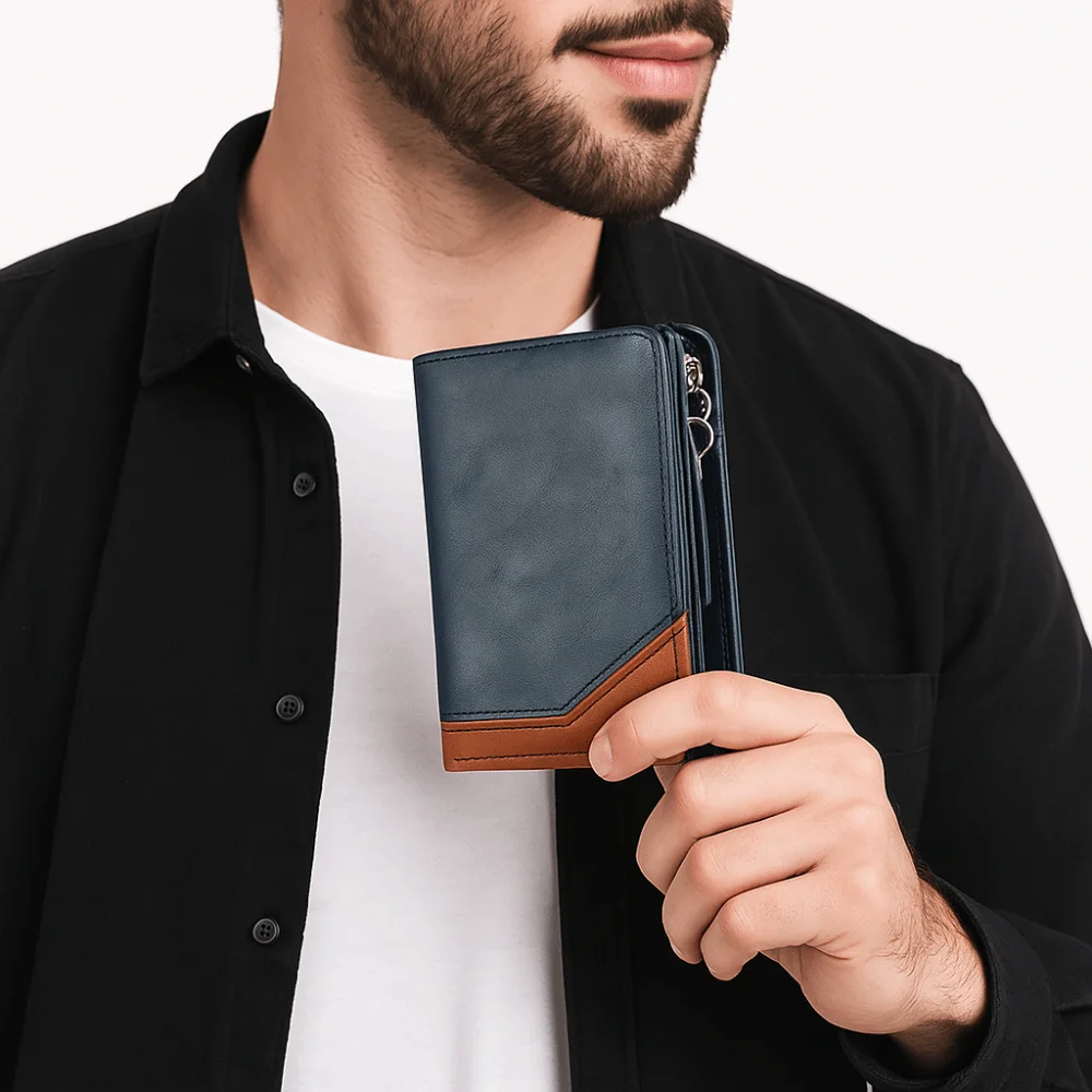 Dompet Pendek Pria Kulit PU Kasual dengan Ritsleting, Warna Kontras, Tas Clutch Bisnis, Dompet Koin, Slot Kartu Multi, Tempat Kartu Pria, Hadiah