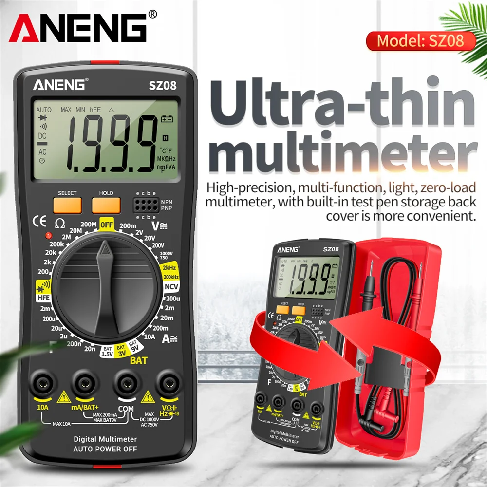 

Цифровой мультиметр ANENG SZ08 с ультратонким корпусом 0,6 дюйма, ручной автоматический вольтметр, измеритель сопротивления, бесконтактный измерительный прибор