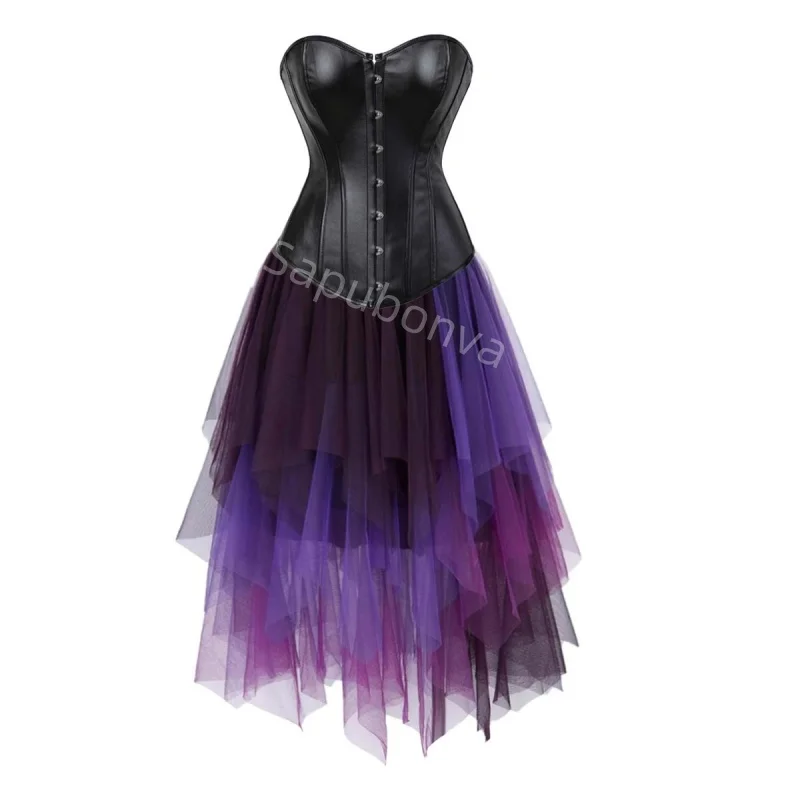 

Corset Dress Costume long skirt Set With leather Bustier Costume Party Sexy Burlesque Ladies Outfit Plus Size Gothic Halloween