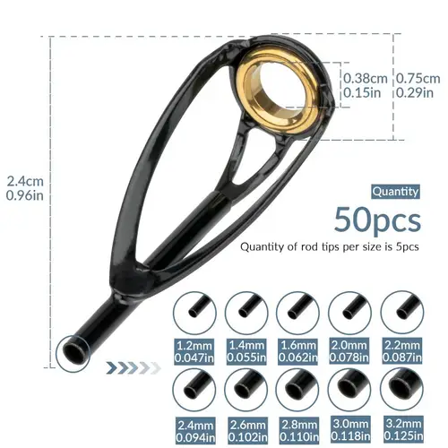 Imagen 2 del producto Kit de reparación de punta superior de caña de pescar, 50 Uds., 1,2-3,2mm de diámetro, juego de repuesto de puntas superiores de caña de pescar de acero inoxidable