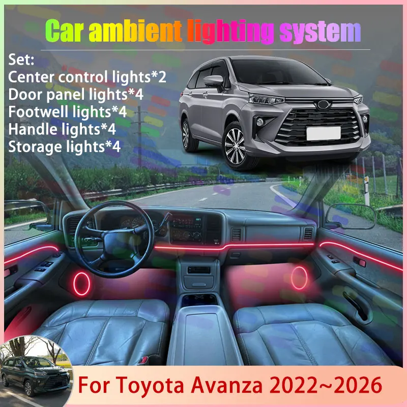 

Для Toyota Avanza MK3 W100 W150 2022 ~ 2026 Veloz 2/18 в 1, автомобильная атмосферная лампа, RGB абажур, ансамбль, стример, атмосферный набор