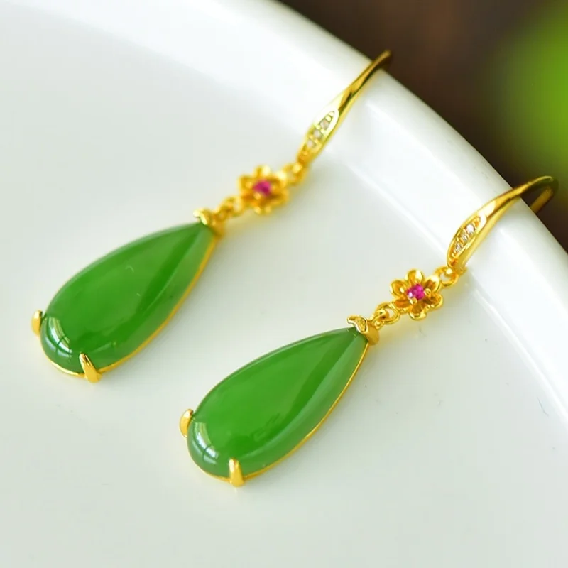 SGARIT Authentic Jadeite S925 Silver Inlay Hetian Jade 8*38mm Teardrop Earrings Gold-Plated Leaf Accents Elegant Fine Texture
