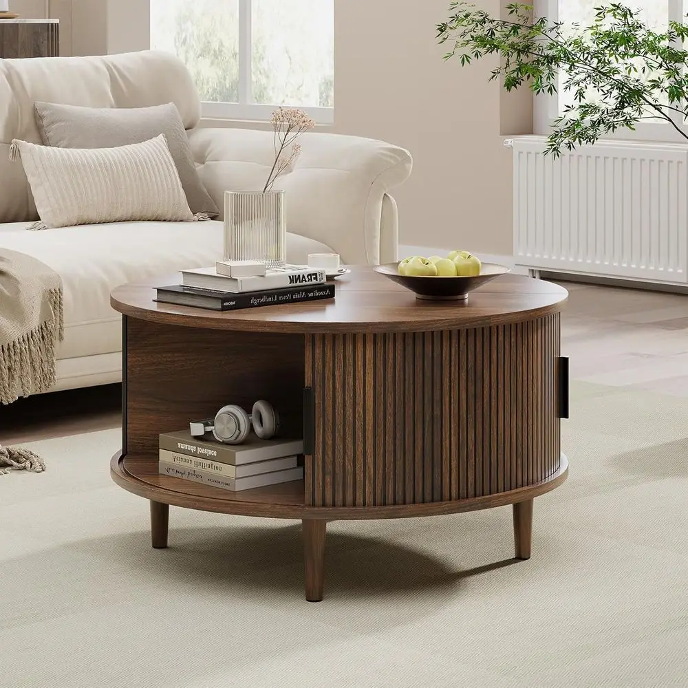 Coffee Table with Storage, Mid Century Modern Coffee Table, Fluted Dining Table with Sliding Door, Circle Coffee Table for Livin