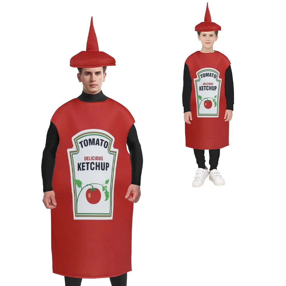 Teanoon Cosplay Ketchup Costume Couples Outfits Boys Girls Halloween Party Dress Up Tomato Sauce Sponge Costume for Women