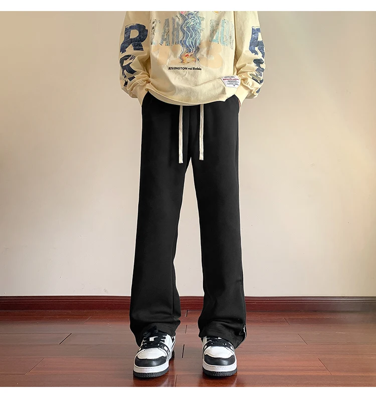 Spring Straight Sweatpants Men's Fashion Zipper Design Wide-Leg Mopping Casual Pants Trendy Male Solid Color Loose Trousers