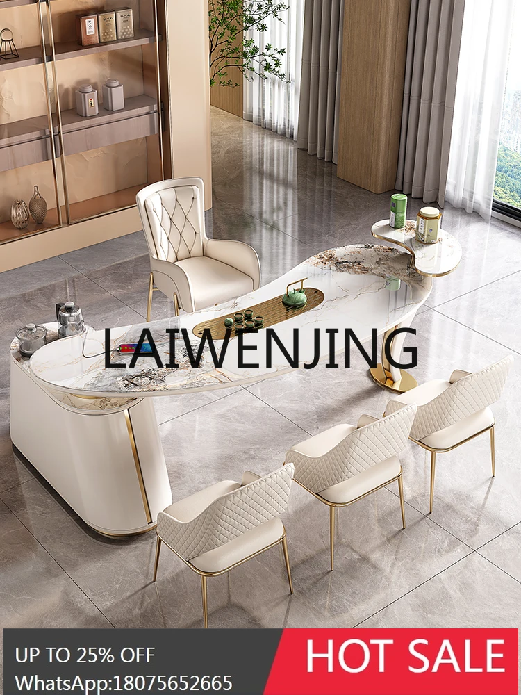 RWJ Light Luxury Stone Plate Tea Table Simple Tea Brewing Sets Creative Arc Table-Chair Set