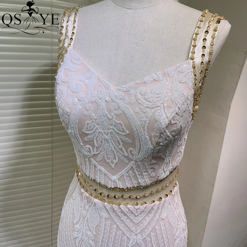 Baby Pink Ankle Length Prom Dresses Shoulder Straps Hollow Out Waist Woman Evening Gown White Sequined Pattern Lace Girls Dress