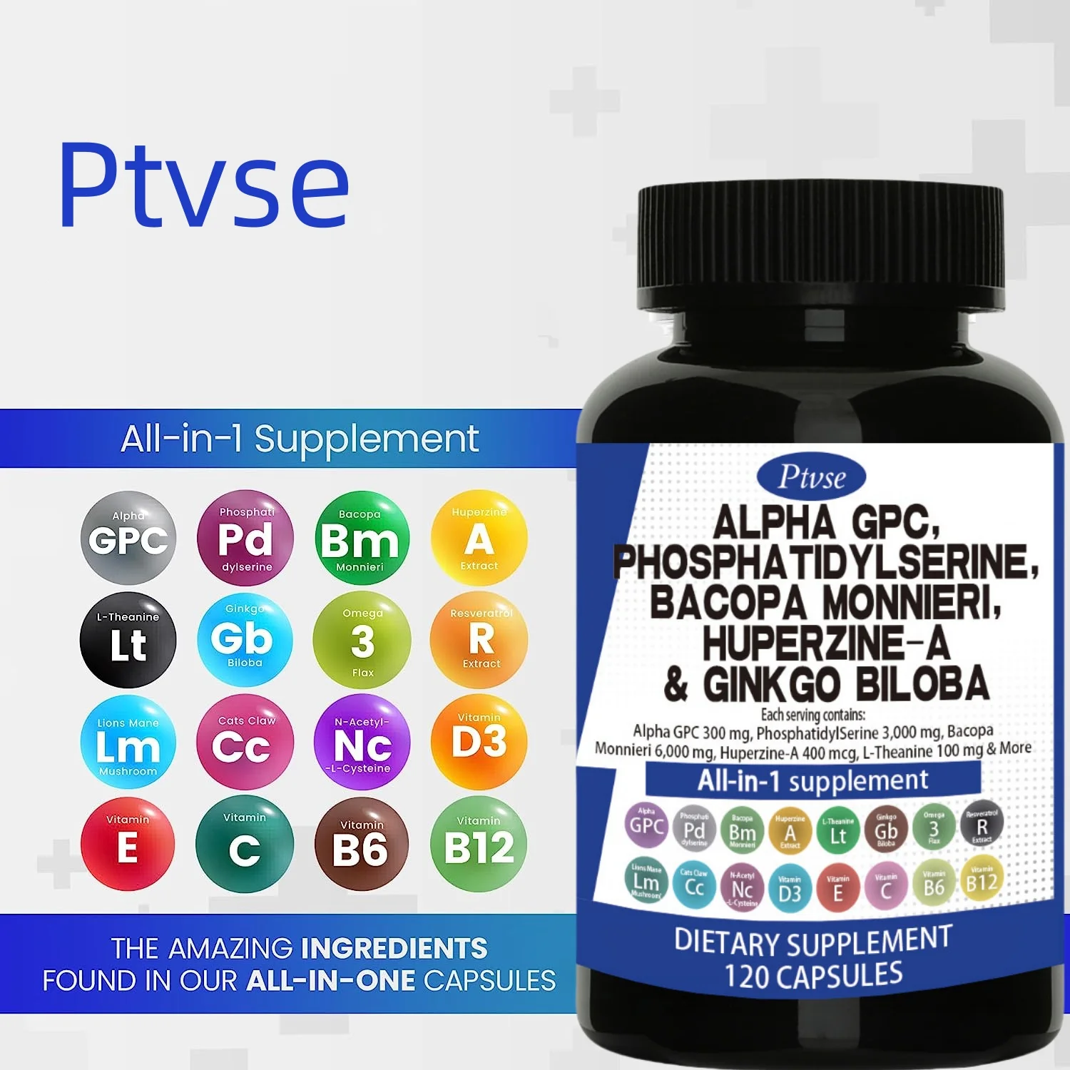 Choline 300mg phosphatidylserine 3000mg fake purslane 6000mg Ginkgo biloba leaf 2000mg Huperzine A 400mcg supplement Vitamin C B