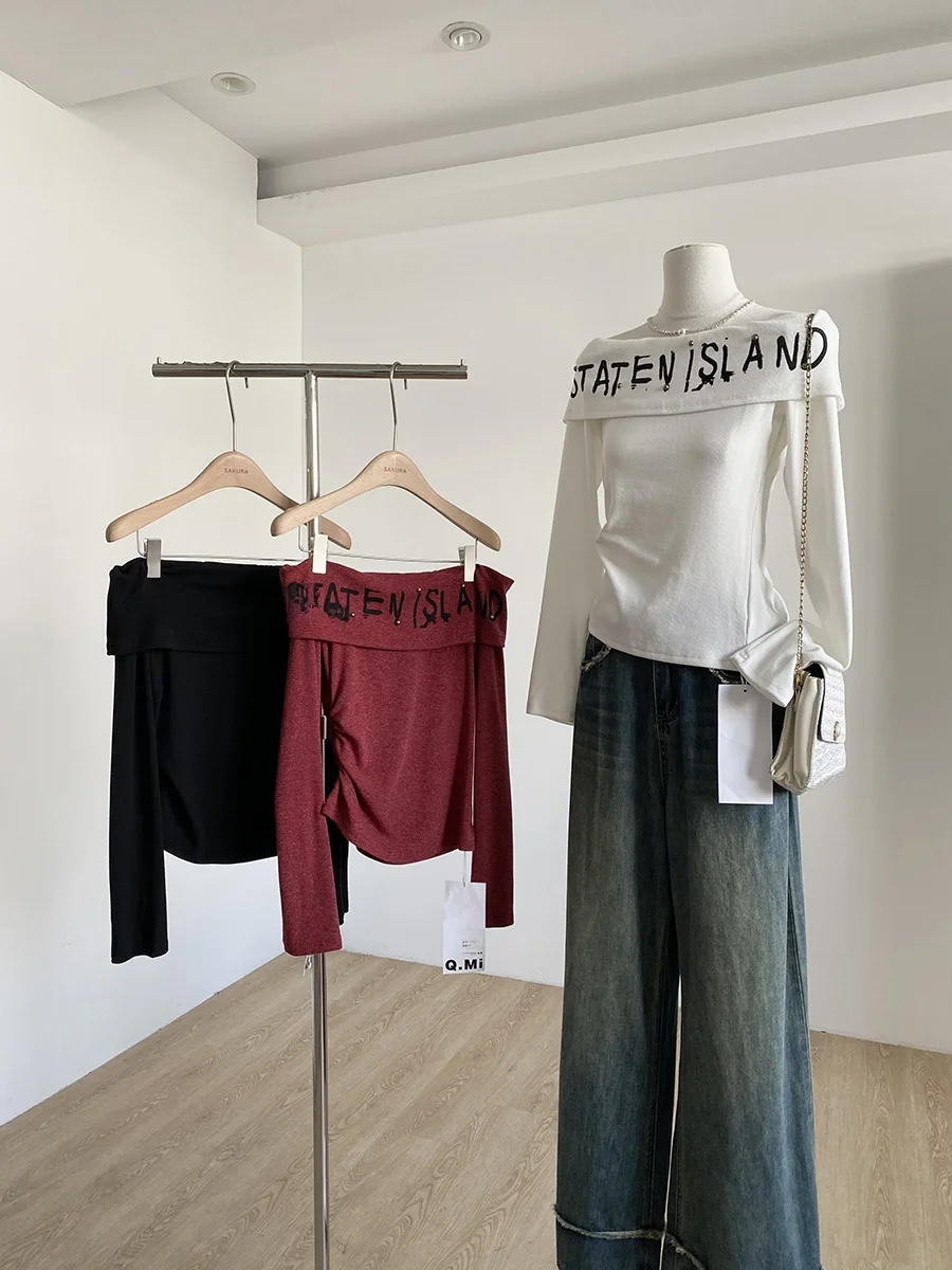 

Slim Fit Korean Style T-Shirt Shoulder Bows Long Sleeve Short Women's Fashion Spring Autumn Polyester Fiber Commute Style