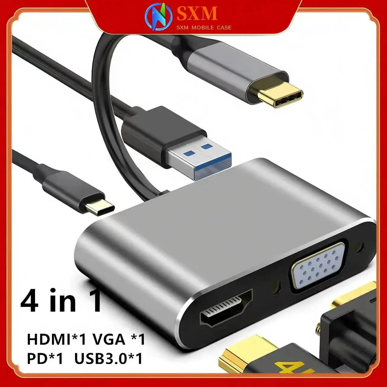 

Док-станция типа C к HDMI VGA USB3.0 PD 4-в-1