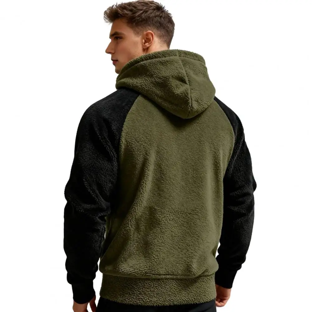 Autumn Winter Warm Casual Hooded Men's Long Sleeve Sweatshirt Pocket Loose Splicing Color Plush Sweatshirt Fleece Hoodies Tops