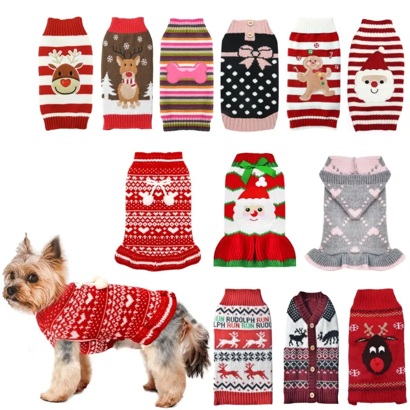 Christmas Dog Sweater Winter Warm Dog Clothes Pet Coat Cartoon Knitted Dog Dress Chihuahua Jacket Kitten Puppy Striped Clothing