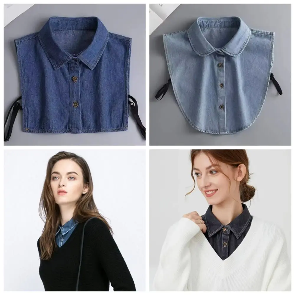 NEW Cotton Denim Fake Collar Lapel Buttons Adjustable Straps Women Fake Collar Blue Clothes Accessories Detachable Collar Women