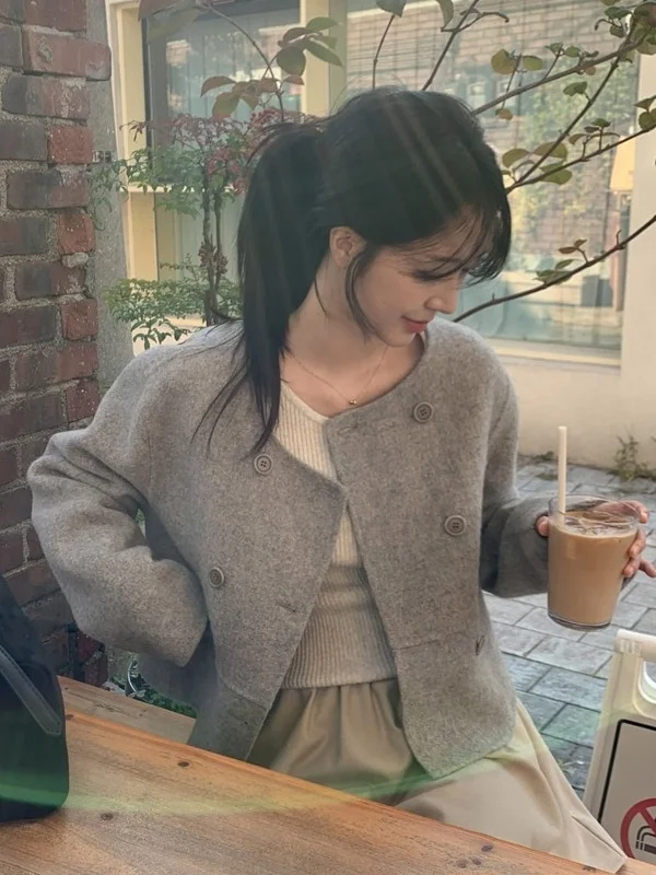 Ele ort Woolen Coat Chic Retro round Ne Double Button Women's Faion Outerwear Commute Sle Long Sve  Color