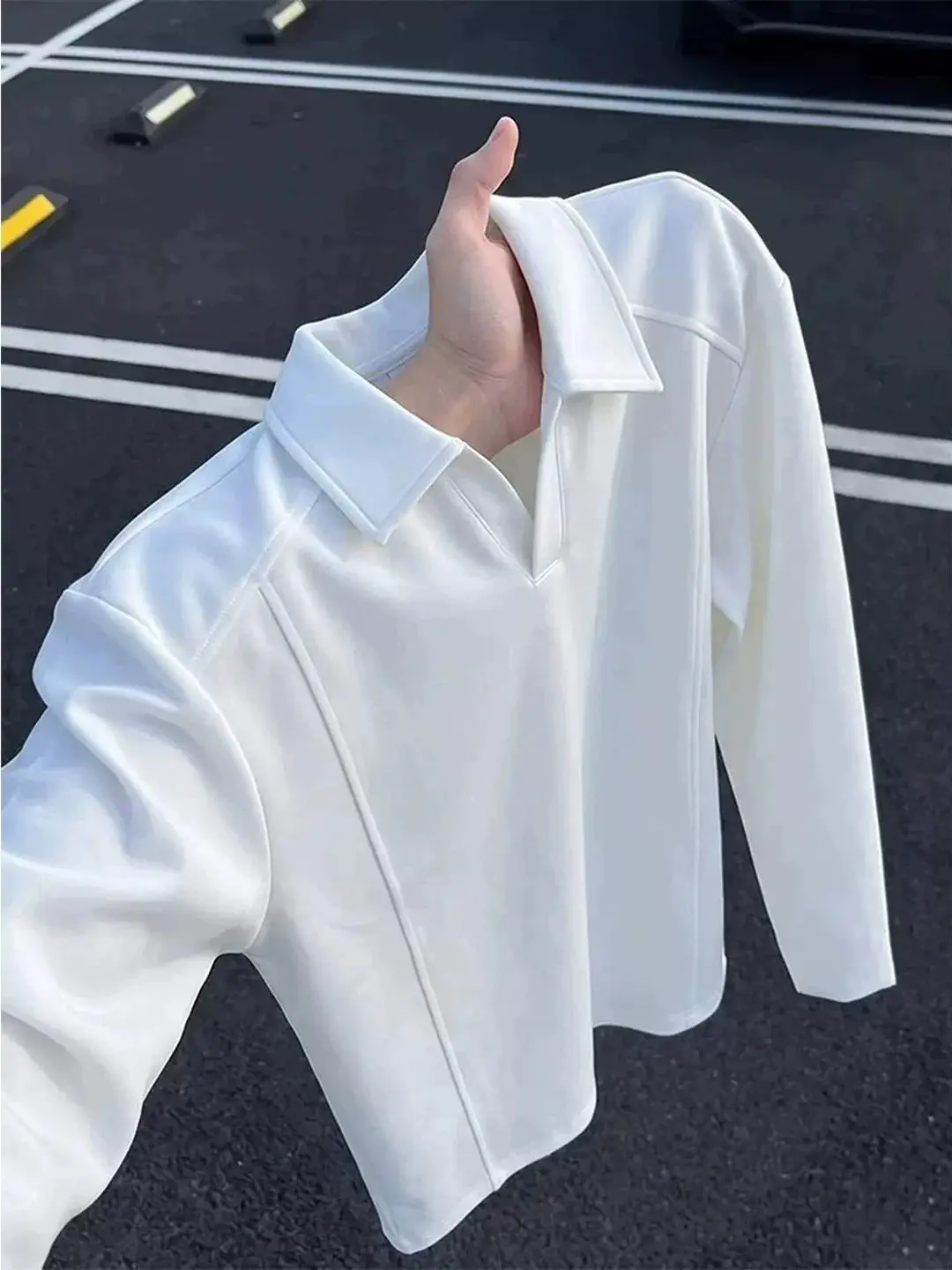 White Deconstructed V-Neck Long Sleeve Men's T-Shirt Casual Loose Sweatshirt Heavyweight Shoulder  Base Shirt