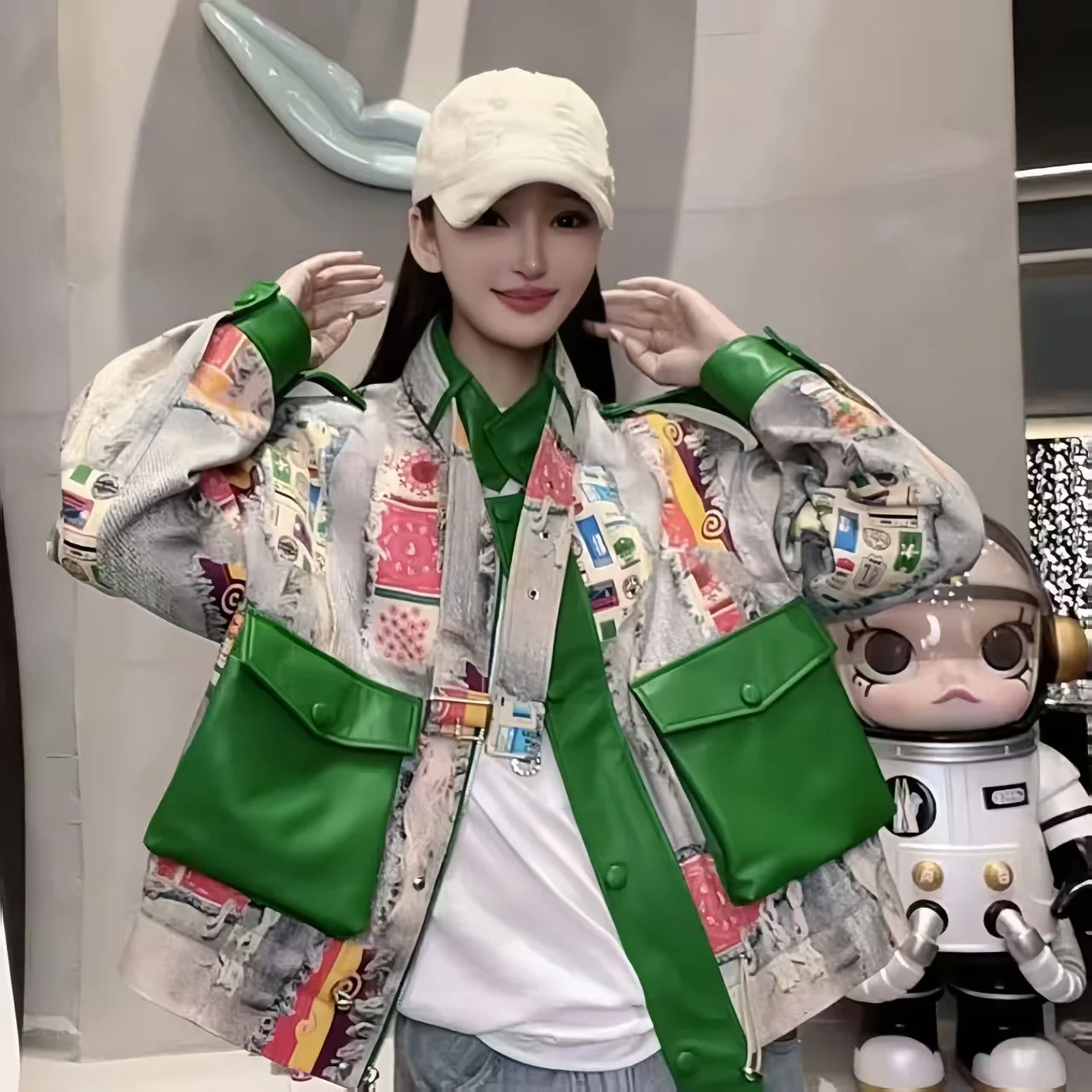 Women's Faux Leather Jacket,Stand Collar Outerwear,Adjustable Waist Tops,Print Doodle Coats,Female Clothing, Autumn,Winter,New