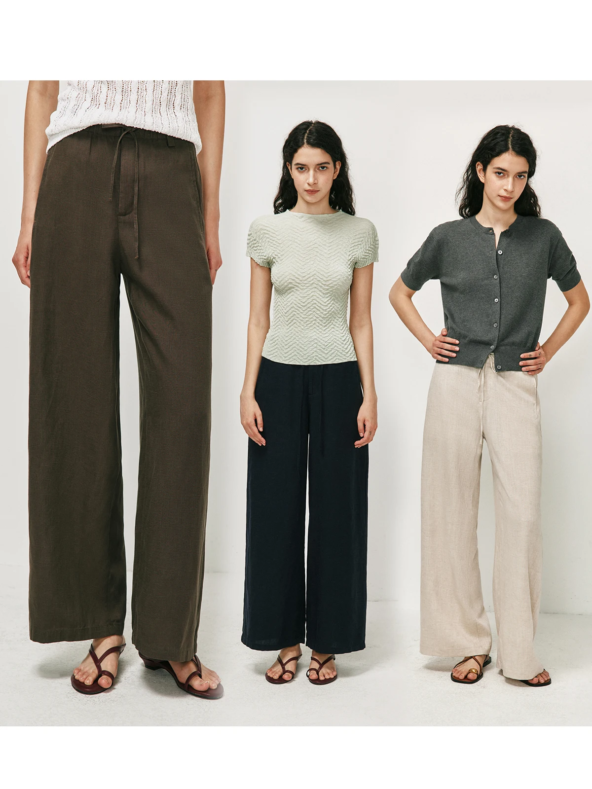 Casual Wide Leg Straight Cut Rigid Waist Elastic Drawstring Loose Fit Casual Pants Long Trousers Comfortable Breathable Ladies