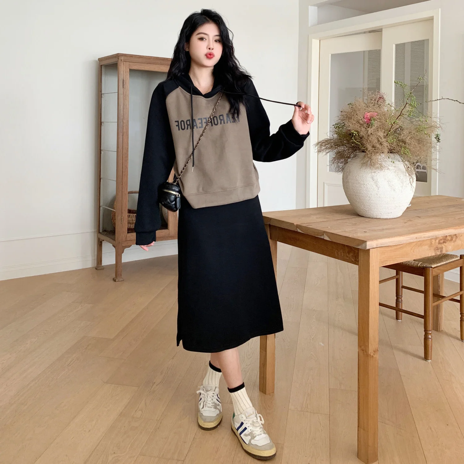 

plus Size Hoodie And Skirt Set Women's High Waist Casual Outfit Long Sve Korean Sle Faionable plus Size Ensemble