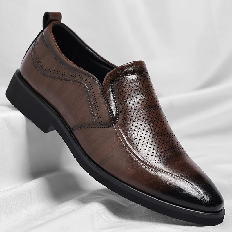 

Hollow Out Breathable Men's Casual Leather Shoes, Real Leather Dad Shoes, Soft Soled Perforated Leather Sandals