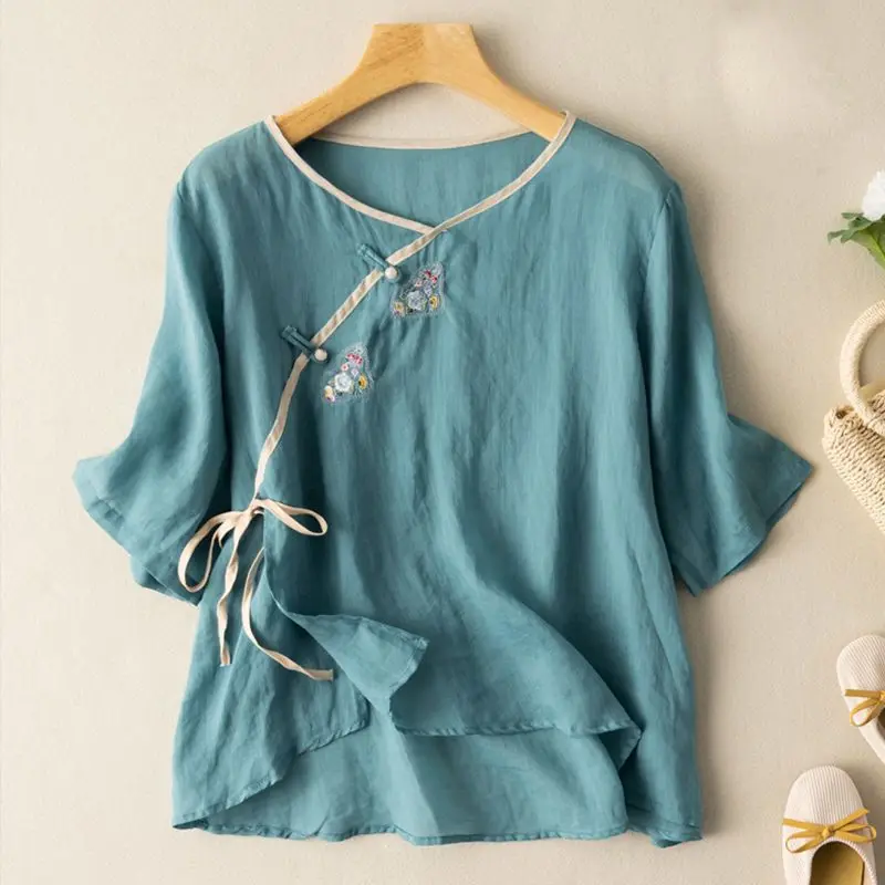 2024 Women\'s Summer New Retro Fold Crew Neck Button DrawstriLoose Cotton Hemp Blouses Short Sleeve Embroidered Solid Color Shirt