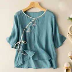 2024 Women's Summer New Retro Fold Crew Neck Button DrawstriLoose Cotton Hemp Blouses Short Sleeve Embroidered Solid Color Shirt