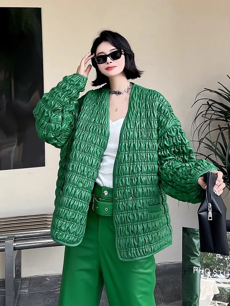 Vintage المرأة الخريف مطوي جلد الغنم سترة جلدية حقيقية الخامس الرقبة مزدوجة الصدر معطف الموضة فضفاضة تناسب عالية الشارع جاكيتات